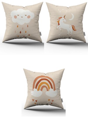 Cango Home Krem Turuncu Bohem Tarzı Dijital Baskılı Çocuk Kırlent Yastık Kılıfı Seti 3KMBS126