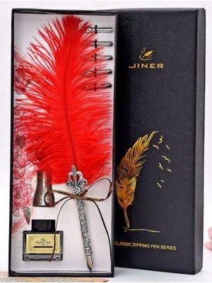 Profisher Divit Tüy Antika Kalem Seti Kalem Standı ve Dolu Mürekkep Şişesi Ile  Kırmızı