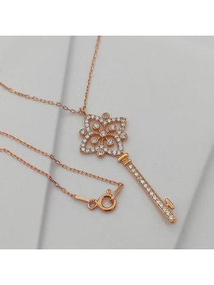 925 Gümüş Gümüş Zirkon Taşlı Anahtar Kolye 925 Ayar