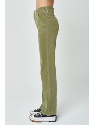 Cross Jeans Diana Açık Haki Aplike Cep Detaylı Yüksek Bel Dad Straight Fit Fermuarlı Jean Pantolon C 4517-051