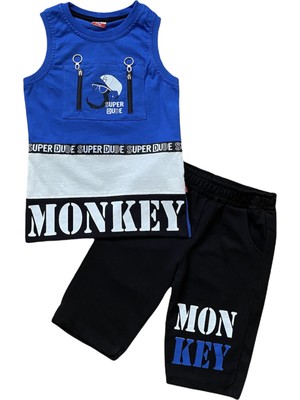 Yavrucak Monkey Yazılı Mavi Erkek Çocuk Kaprili Takım