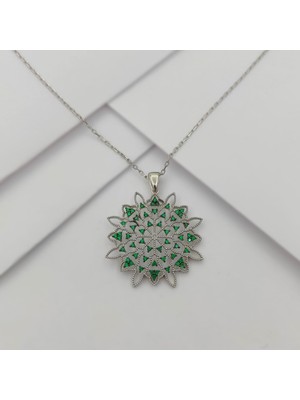 925 Gümüş Gümüş Yeşil Zirkon Taşlı Yaşam Çiçeği Kolye 925 Ayar