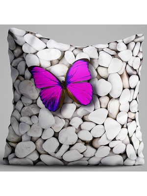Cango Home Beyaz Dekoratif Pembe Kelebek Desenli Dijital Baskılı Çift Taraflı Kırlent Kılıfı - OTYK592-CT