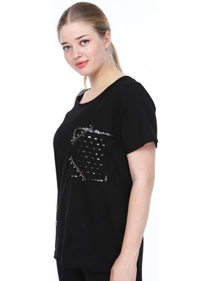 Mia Butik Büyük Beden Siyah Omuz Detaylı Tshirt