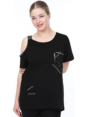 Mia Butik Büyük Beden Siyah Omuz Detaylı Tshirt