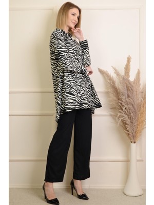 Pınkmark Kadın Siyah Beyaz Zebra Desenli Gömlek Siyah Pantolon Takım PMTK25463