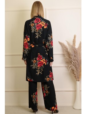 Pınkmark Kadın Siyah Çiçek Desenli Kimono Pantolon Takım PMTK25472