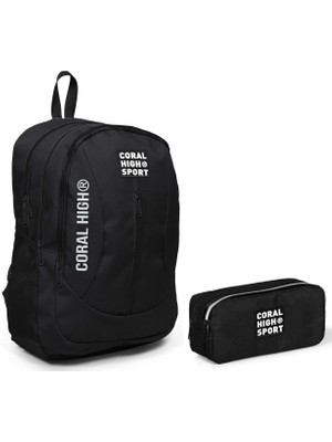 Coral High Sport Siyah Okul Çantası ve Kalemlik Seti - Dört Bölmeli - USB Çıkışlı