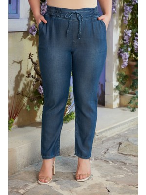Rmg Bel Bağcık Detaylı Beli Lastikli Büyük Beden Mavi Pantolon