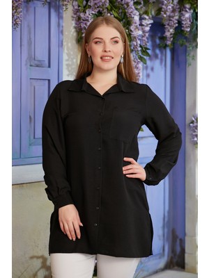 Rmg Yanları Yırtmaç Detaylı Büyük Beden Siyah Gömlek