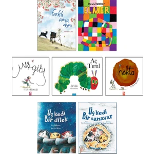 Farklı Ama Aynı (Feridun Oral) + Elmer + Nokta + Mış Gibi (Peter Reynolds) Aç Tırtıl (Eric Carle) + Üç Kedi Bir Dilek (Sara Şahinkanat) + Üç Kedi Bir Canavar - 7'li Çocuk Masal Hikaye Öykü Kitapları