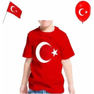 Bayrak Baskılı Kısa Kollu 23 Nisan 19 Mayıs 30 Ağustos 10 Kasım Süper Kalite Unisex Çocuk T-Shirt