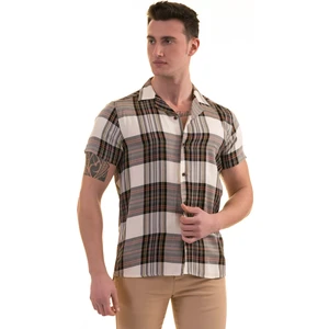 Exve Exclusive Bej Siyah Kırmızı Ekoseli Doğal Viskon Nefes Alan Slim Fit Kısa Kollu Erkek Gömlek