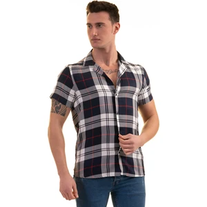 Exve Exclusive Lacivert Gri Kırmızı Ekoseli Pamuk Nefes Alan Slim Fit Kısa Kollu Erkek Gömlek