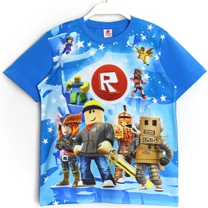 3D Roblox Oyun Baskılı Kısa Kollu T-Shirt Mavi 001-0001841