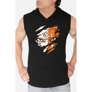 Sert Naruto Siyah Kapşonlu|kolsuz Erkek Atlet T-Shirt