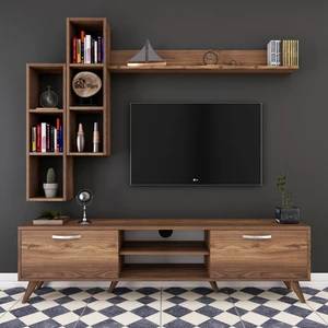 A9 Duvar Raflı Tv Ünitesi Kitaplıklı Tv Sehpası Duvara Monte Raflı Modern Ayaklı 180 cm Minyatür Ceviz M16