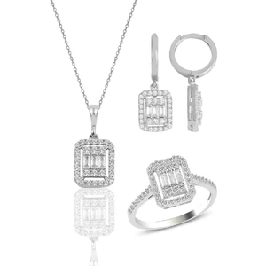 Söğütlü Silver Gümüş Beyaz Altın Rodyumlu Baget Taşlı Çizgili Üçlü Set