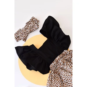 Yaya Kids Kız Bebek Leopar Desen Poplin Fırfır Salopet Bandana Set