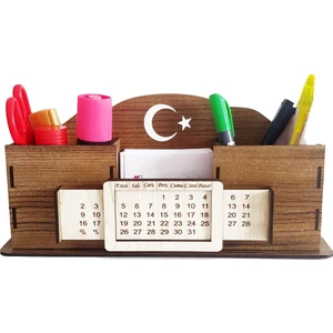 Takvimli Masaüstü Kalemlik Kalem Kutusu Organizer Ahşap Akasya Montajı Yapılmış Ürün