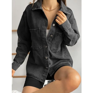 Fav Style Kadın Oversize Uzun Kollu Çift Cepli Gömlek Ceket Antrasit