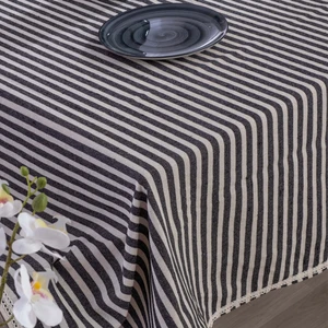 Siyah Çizgili Keten Dantelli Masa Örtüsü