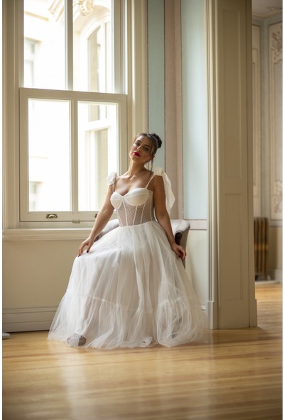 Glamsirius Beyaz Tül Abiye Söz Nişan Nikah Elbisesi Midi Boy