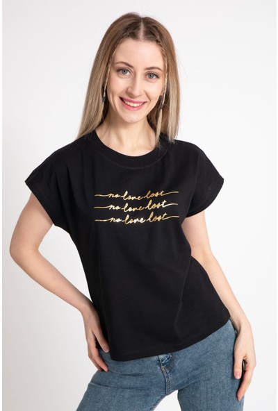 Giysa Kadın Varak Baskılı Siyah Tshirt