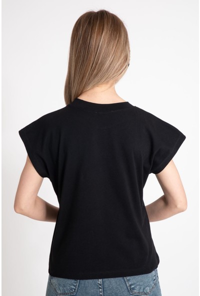 Giysa Kadın Varak Baskılı Siyah Tshirt