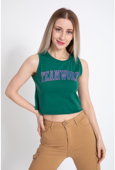Giysa Kadın Team Work Baskılı Yeşil Crop T-Shirt
