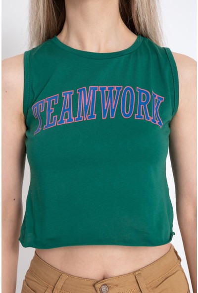 Giysa Kadın Team Work Baskılı Yeşil Crop T-Shirt