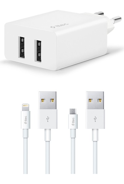 Ttec 2SCS21DB Ttec Smartcharger Duo 2.4A Seyahat Sarj Aleti Cift Usb+ Lightning ve Micro USB Kablo Beyaz
