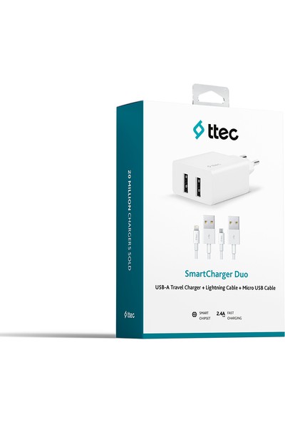 Ttec 2SCS21DB Ttec Smartcharger Duo 2.4A Seyahat Sarj Aleti Cift Usb+ Lightning ve Micro USB Kablo Beyaz
