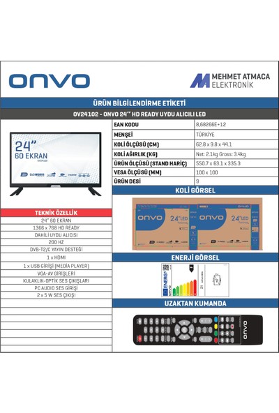 Onvo OV24102 24" 60 Ekran Uydu Alıcılı HD LED TV