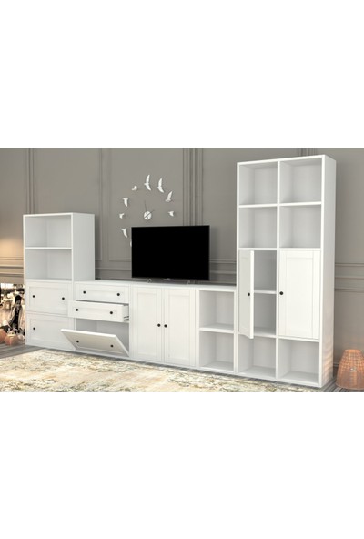 BK Concept Kitaplikli Büyük Tv Ünitesi Beyaz 300 cm TVT-1057