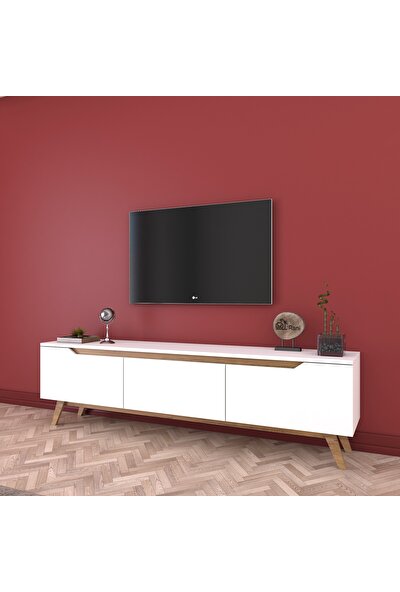 Rani D1 Tv Ünitesi Modern Ayaklı Tv Sehpası 180 cm Beyaz - Keçe Ceviz