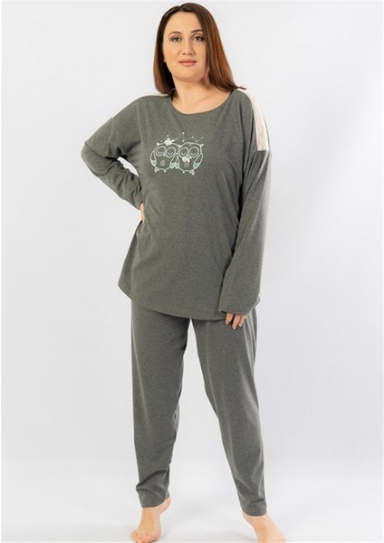 Kadın Antrasit Uzun Kollu Büyük Beden Pijama Takımı