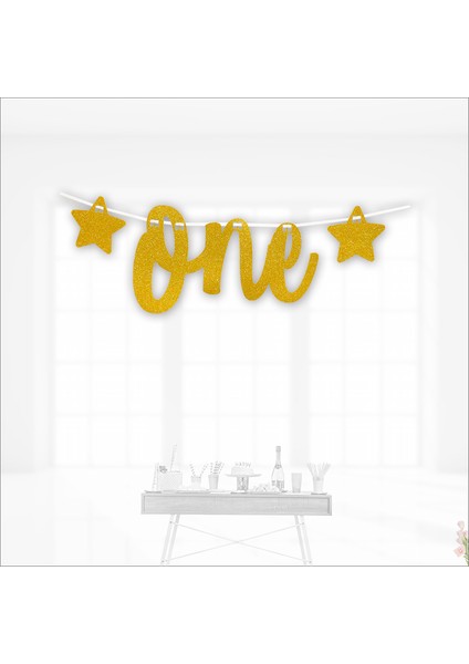 1 Yaş Yıldızlı One Yazı, 90 cm - Altın