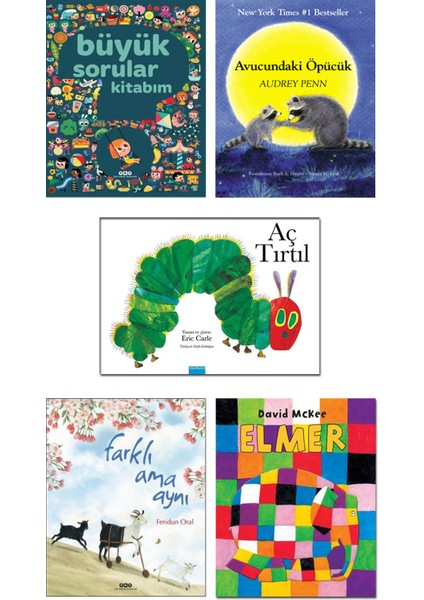 Büyük Sorular Kitabım + Avucundaki Öpücük (Audrey Penn) + Aç Tırtıl (Eric Carle) + Farklı Ama Aynı (Feridun Oral) + Elmer (David Mckee) - 5 Kitap Set