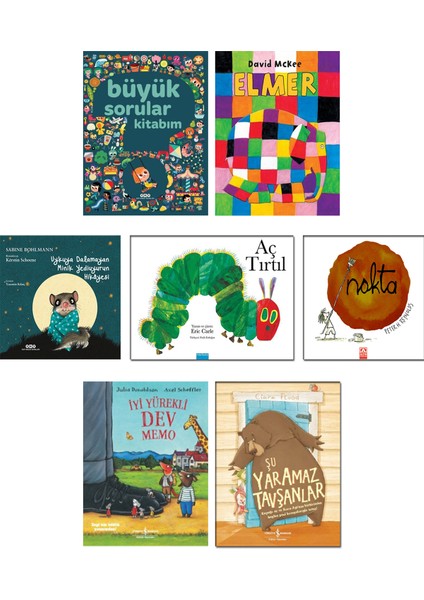 Büyük Sorular Kitabım + Elmer + Uykuya Dalamayan Minik Yediuyurun Hikayesi + Aç Tırtıl + Nokta (Peter Reynolds) + İyi Yürekli Dev Memo + Şu Yaramaz Tavşanlar - 7'li Çocuk Masal Hikaye Kitapları