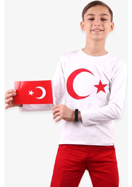 Bayrak Baskılı Uzun Kollu 23 Nisan 19 Mayıs 30 Ağustos 10 Kasım Süper Kalite Unisex Çocuk T-Shirt