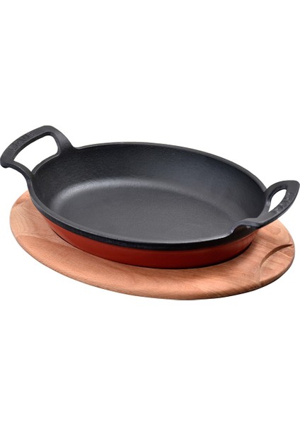 Döküm Oval Kulplu Tava ve Ahşap Altlıklı. Ölçü 23X17CM. - Kırmızı