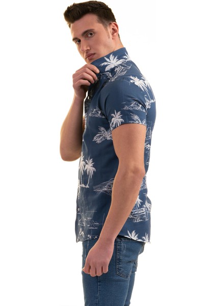 Indigo Mavi Hawaii Pamiye Desen Baskılı Nefes Alan Slim Fit Kısa Kollu Erkek Gömlek fiyatları