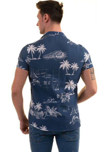Indigo Mavi Hawaii Pamiye Desen Baskılı Nefes Alan Slim Fit Kısa Kollu Erkek Gömlek modelleri