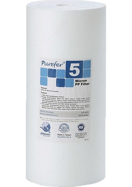- Su Arıtma Purefer 10" Big Blue 5 Mikron Tortu Filtresi Nsf Sertifikalı