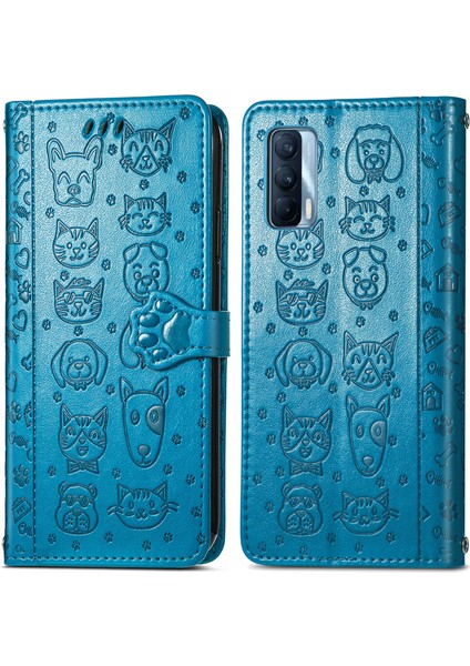 Realme V15 5g Için Durumda Flip Cüzdan Kabartmalı Kapak Etui Housse Kedi Köpek Desen - Mavi modelleri
