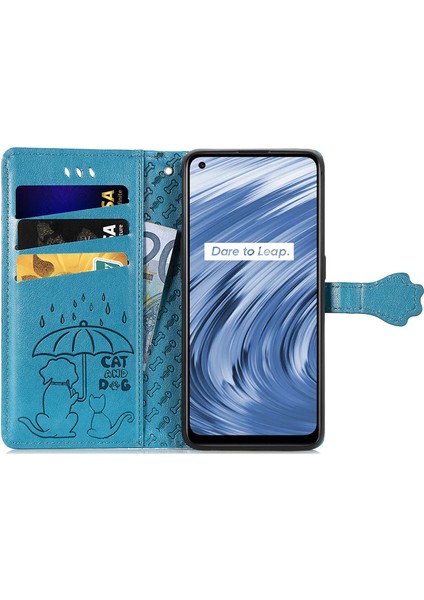 Realme V15 5g Için Durumda Flip Cüzdan Kabartmalı Kapak Etui Housse Kedi Köpek Desen - Mavi fırsatları