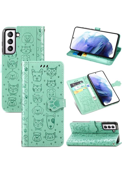 Dava Samsung Galaxy S21 Çevir Cüzdan Kabartmalı Kapak Etui Housse Kedi Köpek Desen - Yeşil