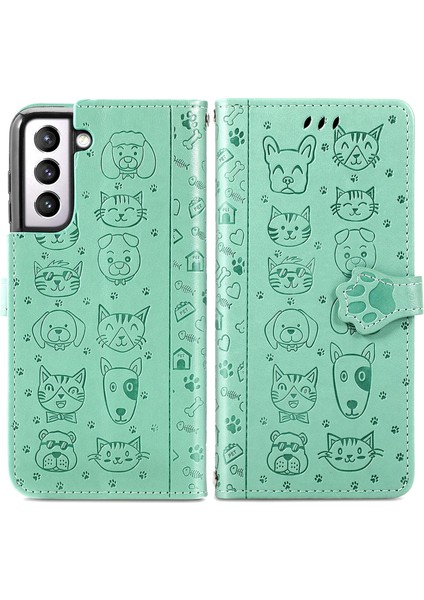 Dava Samsung Galaxy S21 Çevir Cüzdan Kabartmalı Kapak Etui Housse Kedi Köpek Desen - Yeşil modelleri
