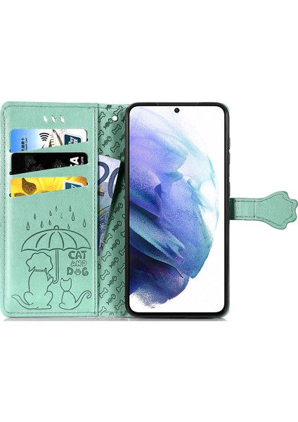 Dava Samsung Galaxy S21 Çevir Cüzdan Kabartmalı Kapak Etui Housse Kedi Köpek Desen - Yeşil fırsatları